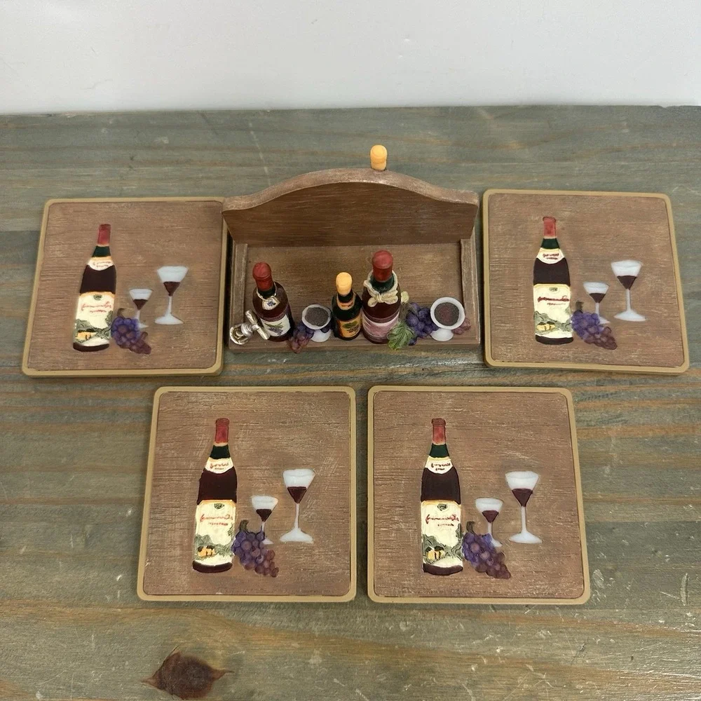 3D Wine Theme Set Of 4 Coasters Resin Holder Grape Vineyard Cork Backing